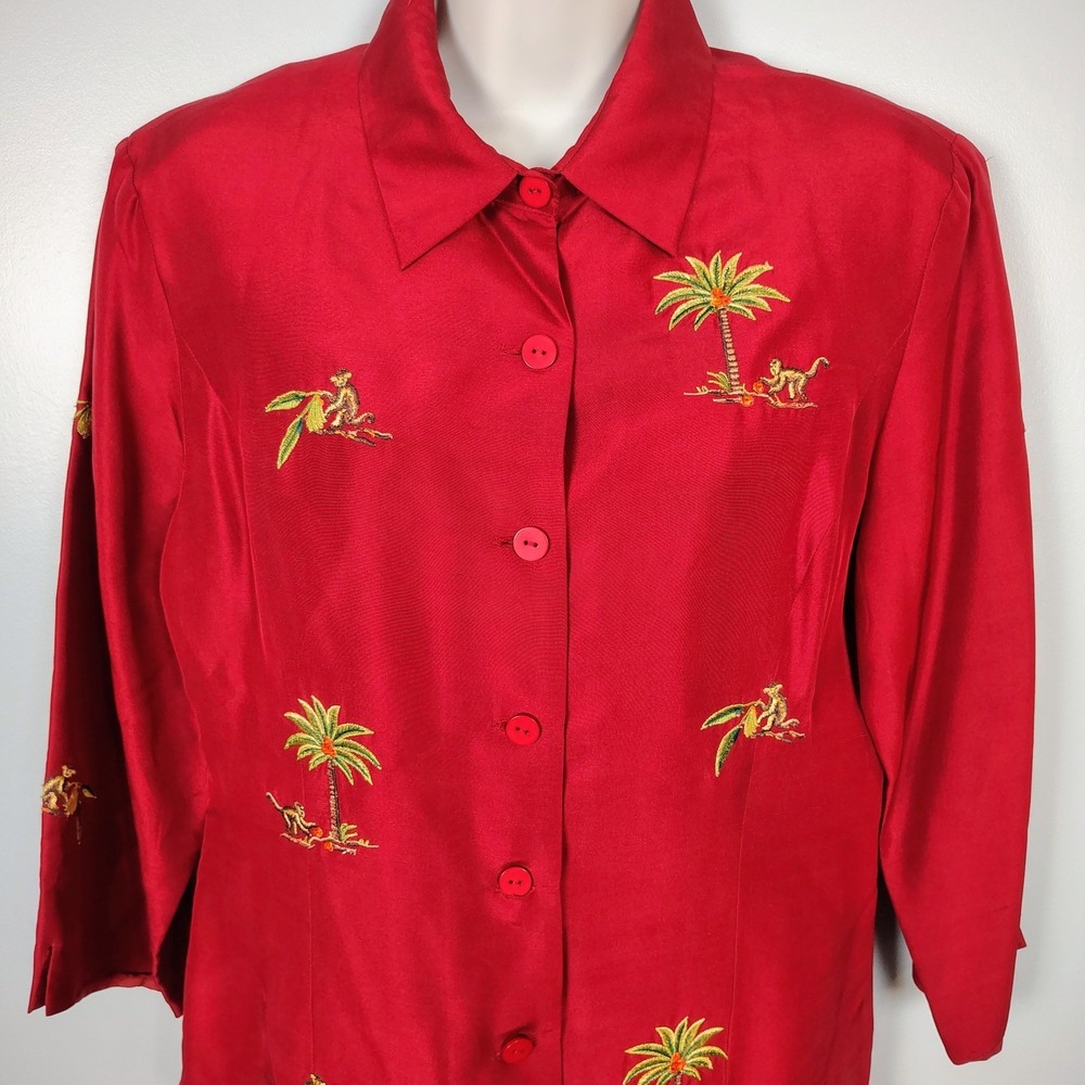 Silkland Red 100%‎ Silk Embroidered Monkey Palm Tree Button Front Shirt Size 10